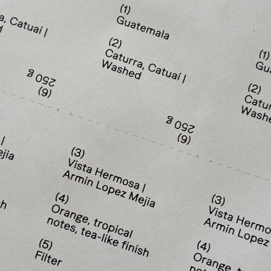Detailed label, tasting notes card for Interpret's Guatemalan Vista Hermosa coffee: Orange, tropical notes, tea-like finish.