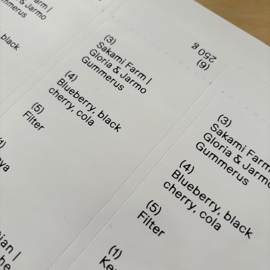 Detailed label, tasting notes card for Interpret's Kenya Rube Red coffee: Blueberry, black cherry, cola.
