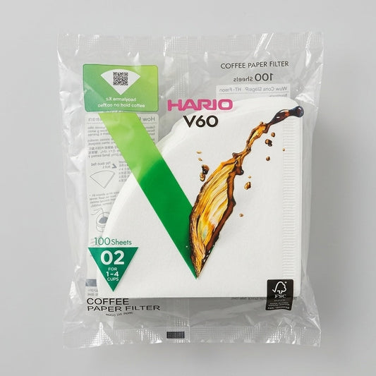 A package of Hario V60 coffee paper filters 02, containing 100 sheets of filter paper, made in Japan.